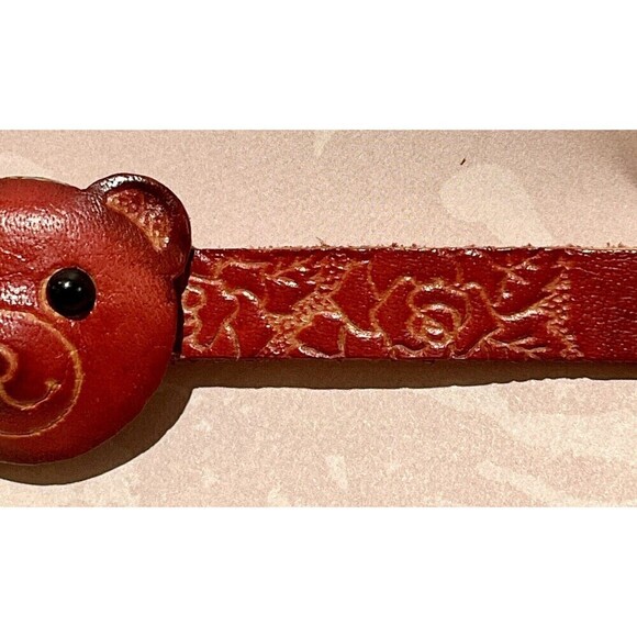 Red Leather Teddy Bear Face Bracelet Boho Floral Tooled Embossed Southwestern - Picture 8 of 12